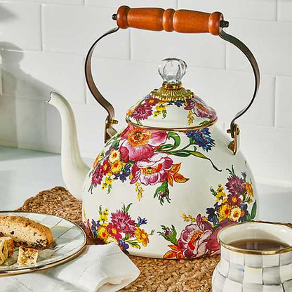 Flower Market 3 Quart Tea Kettle - White