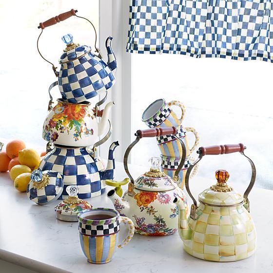 MacKenzie-Childs Parchment Check Enamel Tea Kettle - 2 Quart Kitchen Mackenzie Childs 